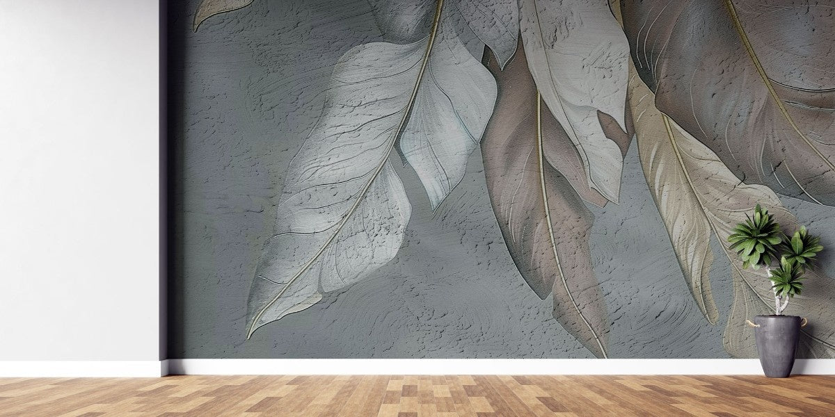 Tapet personalizat leaf cu frunze stilizate asemanatoare unor pene in nuante de bej si gri cu o textura fina pentru un decor elegant si aerisit stucco leaves