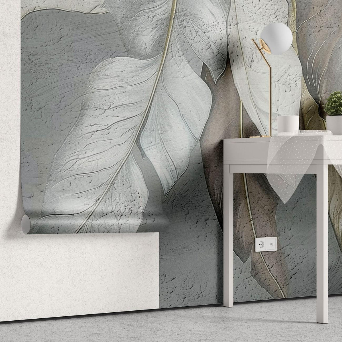 Tapet personalizat leaf cu frunze stilizate asemanatoare unor pene in nuante de bej si gri cu o textura fina pentru un decor elegant si aerisit stucco leaves
