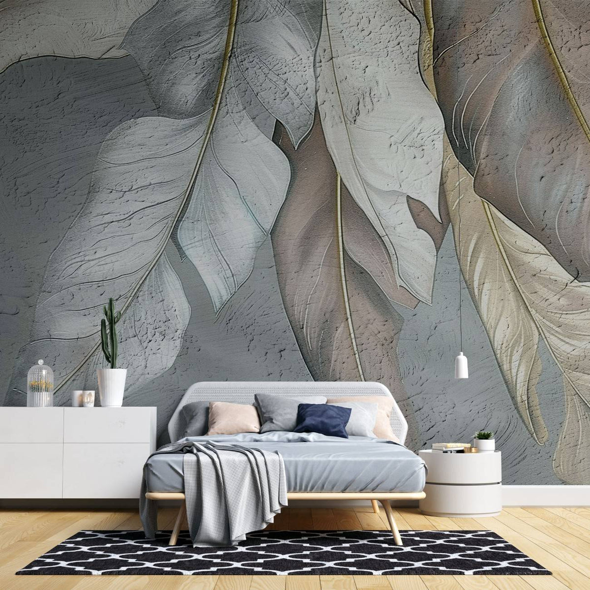 Tapet personalizat leaf cu frunze stilizate asemanatoare unor pene in nuante de bej si gri cu o textura fina pentru un decor elegant si aerisit stucco leaves