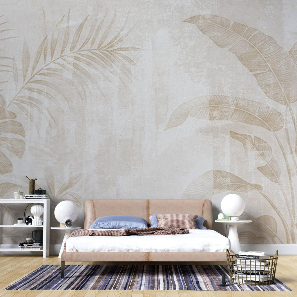 Tapet personalizat leaf cu frunze de palmier in tonuri de bej pe un fundal texturat deschis aducand o atmosfera calda si luminoasa tropical texture