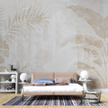 Tapet personalizat leaf cu frunze de palmier in tonuri de bej pe un fundal texturat deschis aducand o atmosfera calda si luminoasa tropical texture