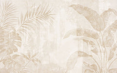 Tapet personalizat leaf cu frunze de palmier in tonuri de bej pe un fundal texturat deschis aducand o atmosfera calda si luminoasa tropical texture
