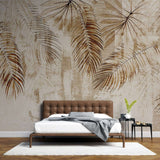 Tapet personalizat leaf cu frunze de palmier cazatoare in nuante de maro deschis pe un fundal texturat asemanator inului oferind un aspect natural si elegant tropical linen