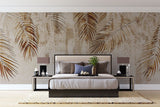 Tapet personalizat leaf cu frunze de palmier cazatoare in nuante de maro deschis pe un fundal texturat asemanator inului oferind un aspect natural si elegant tropical linen