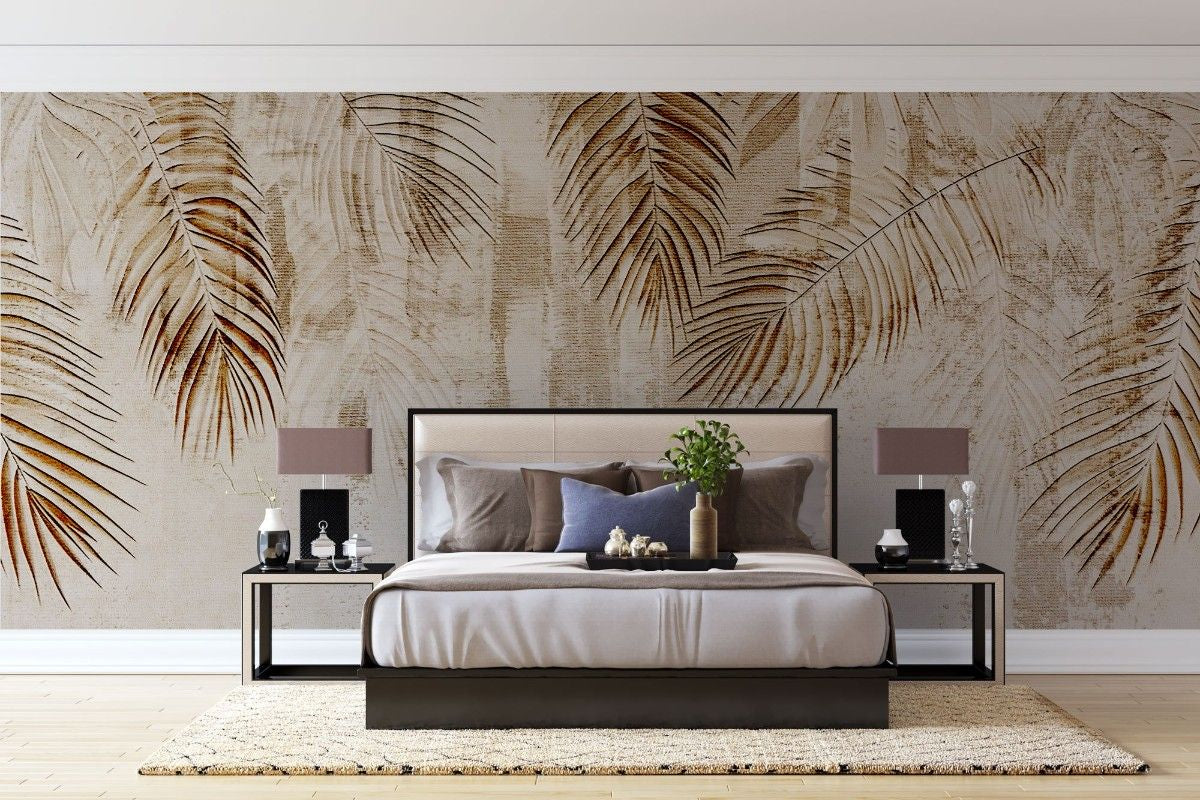 Tapet personalizat leaf cu frunze de palmier cazatoare in nuante de maro deschis pe un fundal texturat asemanator inului oferind un aspect natural si elegant tropical linen