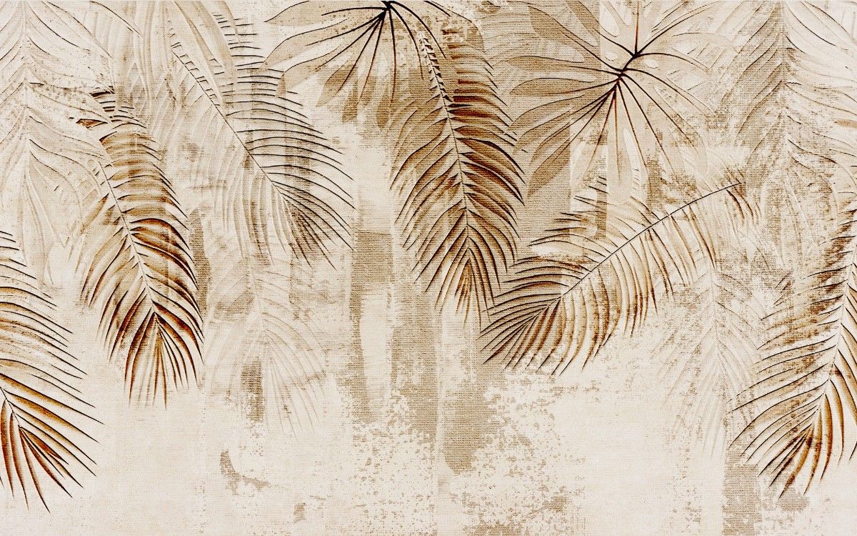 Tapet personalizat leaf cu frunze de palmier cazatoare in nuante de maro deschis pe un fundal texturat asemanator inului oferind un aspect natural si elegant tropical linen