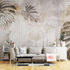 Tapet personalizat leaf cu frunze de monstera in nuante de gri si maro cu un efect de curgere artistica pe un fundal texturat pentru un design modern monstera flows