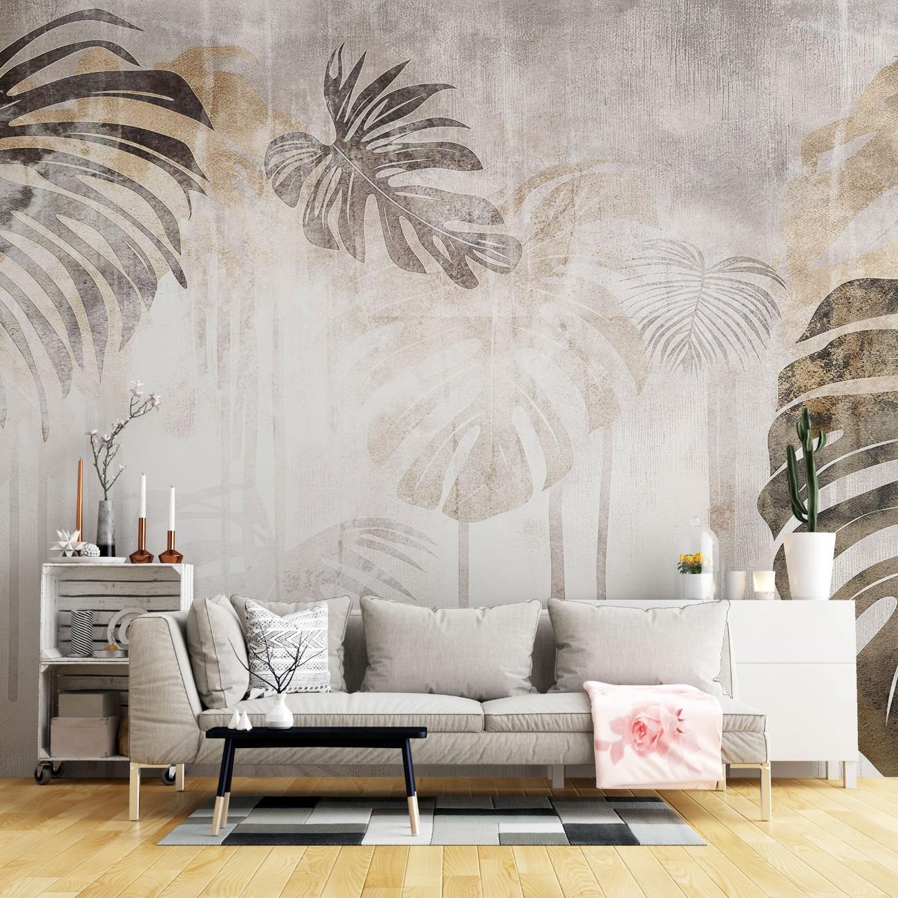 Tapet personalizat leaf cu frunze de monstera in nuante de gri si maro cu un efect de curgere artistica pe un fundal texturat pentru un design modern monstera flows