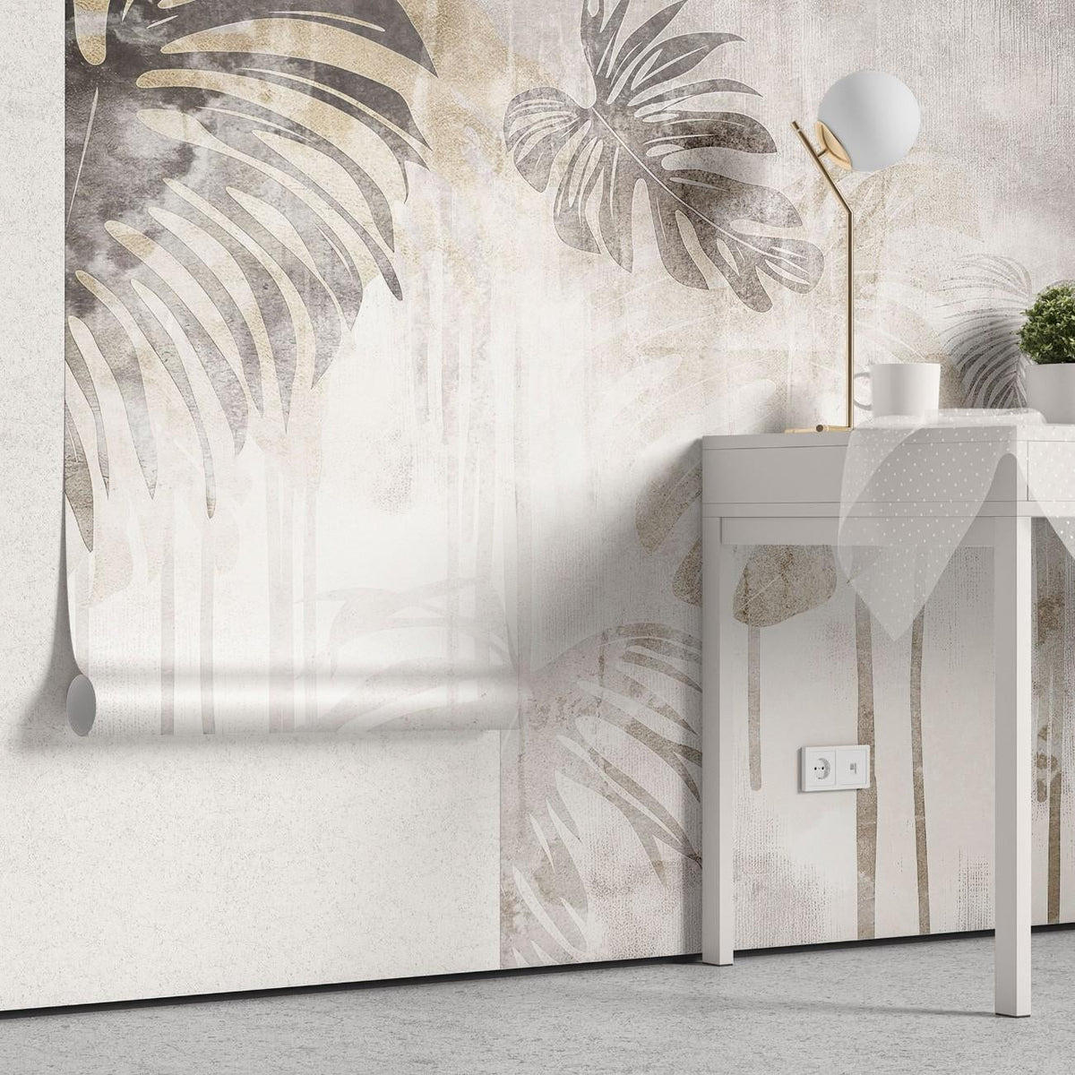 Tapet personalizat leaf cu frunze de monstera in nuante de gri si maro cu un efect de curgere artistica pe un fundal texturat pentru un design modern monstera flows