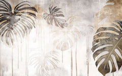 Tapet personalizat leaf cu frunze de monstera in nuante de gri si maro cu un efect de curgere artistica pe un fundal texturat pentru un design modern monstera flows