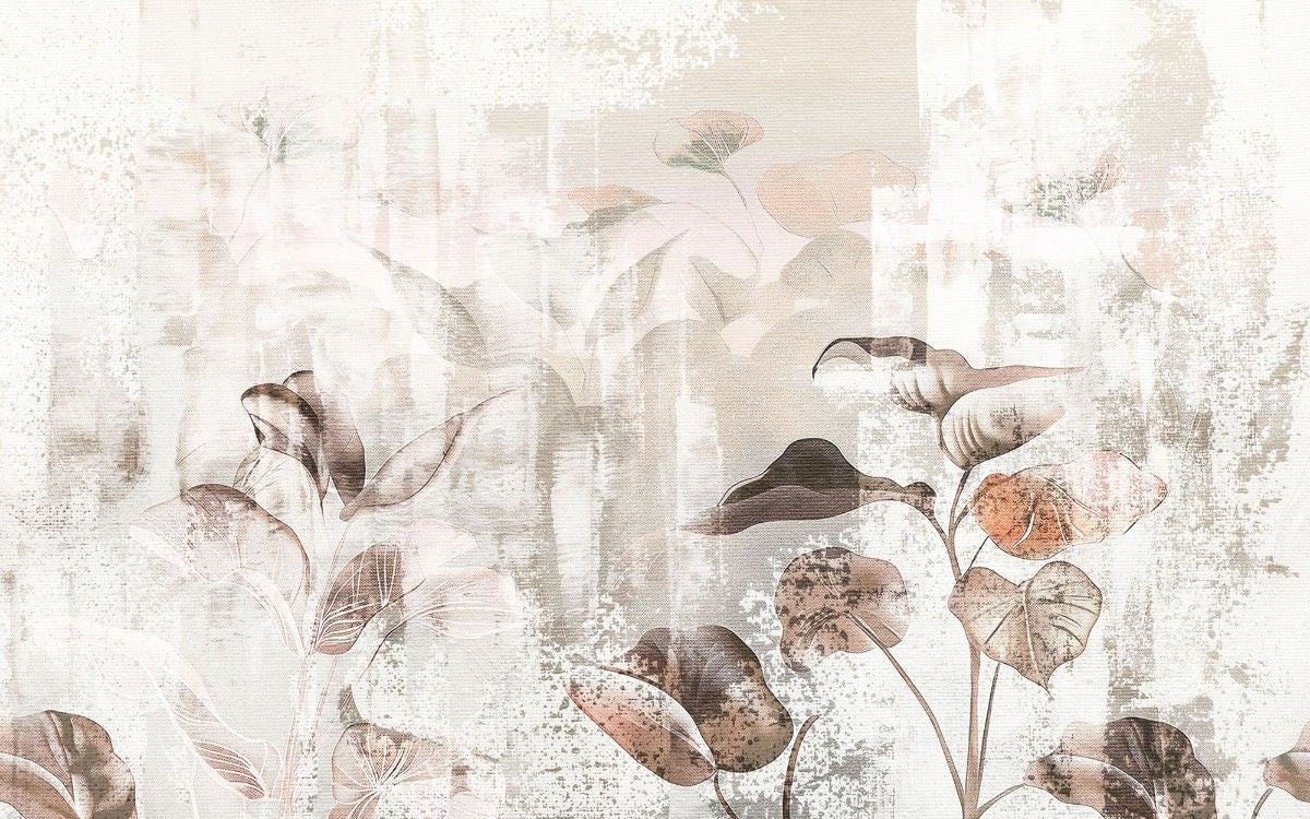 Tapet personalizat leaf cu frunze mari stilizate in tonuri de bej si maro pe un fundal cu aspect de panza pentru un decor artistic si natural canvas leaves