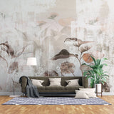 Tapet personalizat leaf cu frunze mari stilizate in tonuri de bej si maro pe un fundal cu aspect de panza pentru un decor artistic si natural canvas leaves