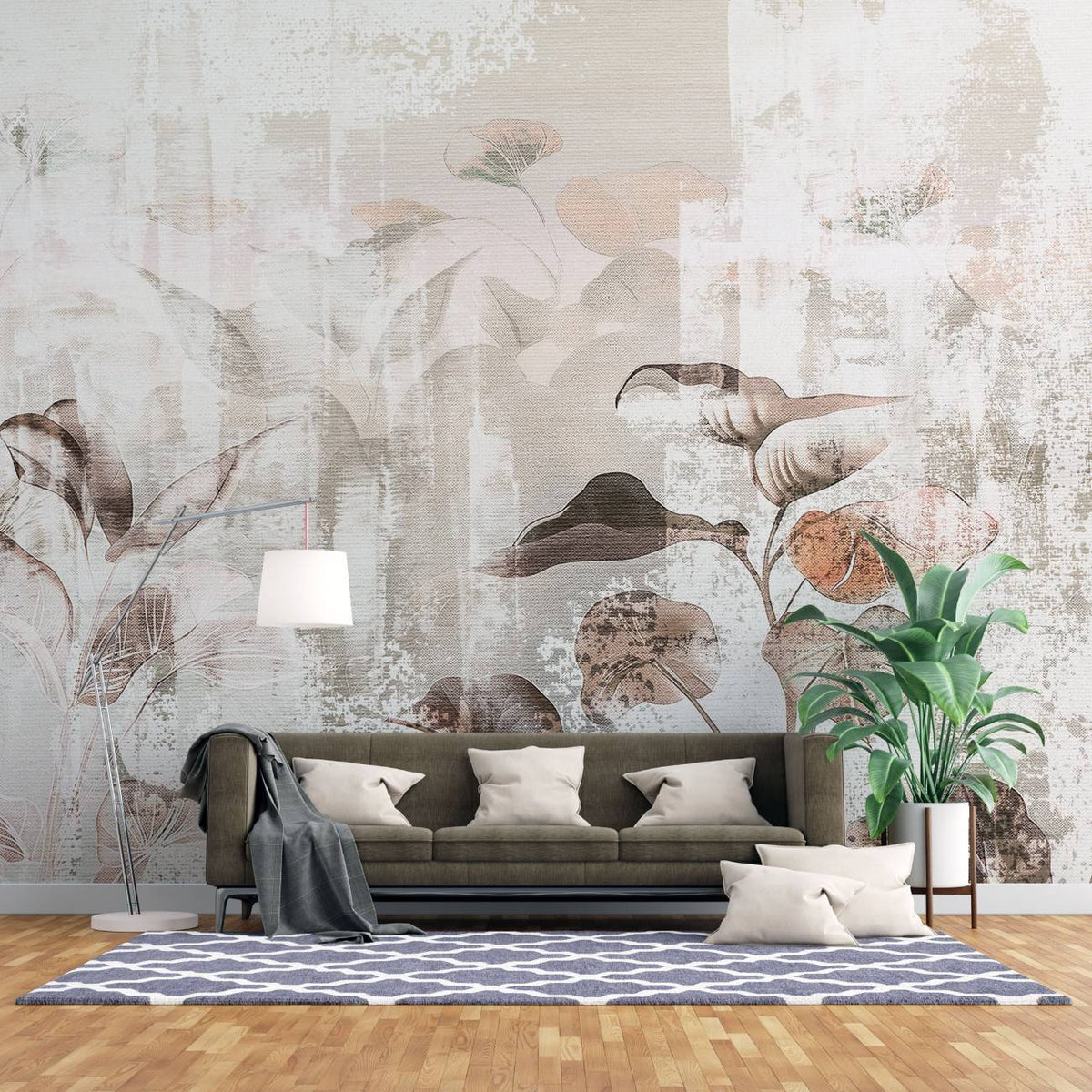 Tapet personalizat leaf cu frunze mari stilizate in tonuri de bej si maro pe un fundal cu aspect de panza pentru un decor artistic si natural canvas leaves