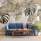 Tapet personalizat leaf cu frunze de monstera si palmier in nuante aurii si gri cu un efect de picurare ideal pentru un interior luxos si exotic gold monstera flows