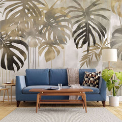 Tapet personalizat leaf cu frunze de monstera si palmier in nuante aurii si gri cu un efect de picurare ideal pentru un interior luxos si exotic gold monstera flows