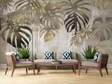 Tapet personalizat leaf cu frunze de monstera si palmier in nuante aurii si gri cu un efect de picurare ideal pentru un interior luxos si exotic gold monstera flows