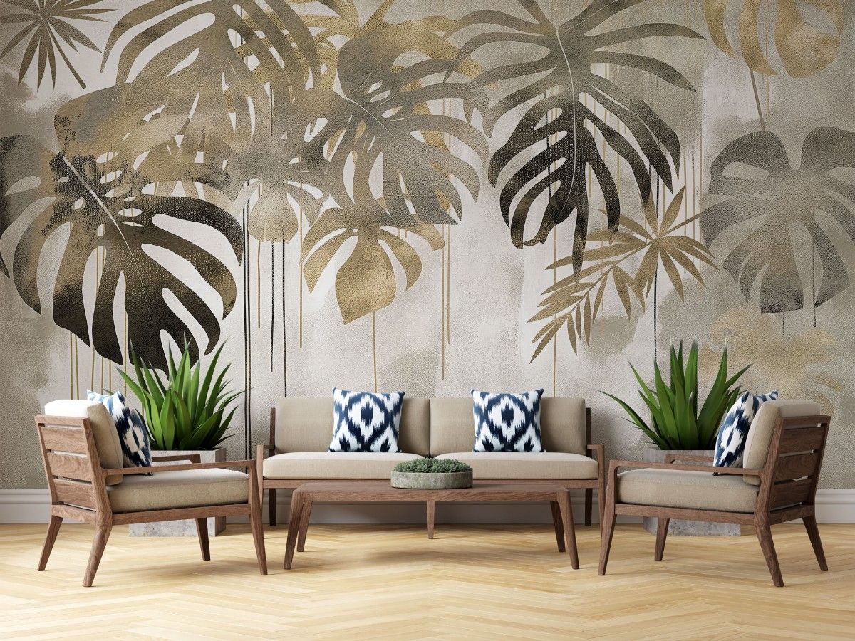 Tapet personalizat leaf cu frunze de monstera si palmier in nuante aurii si gri cu un efect de picurare ideal pentru un interior luxos si exotic gold monstera flows