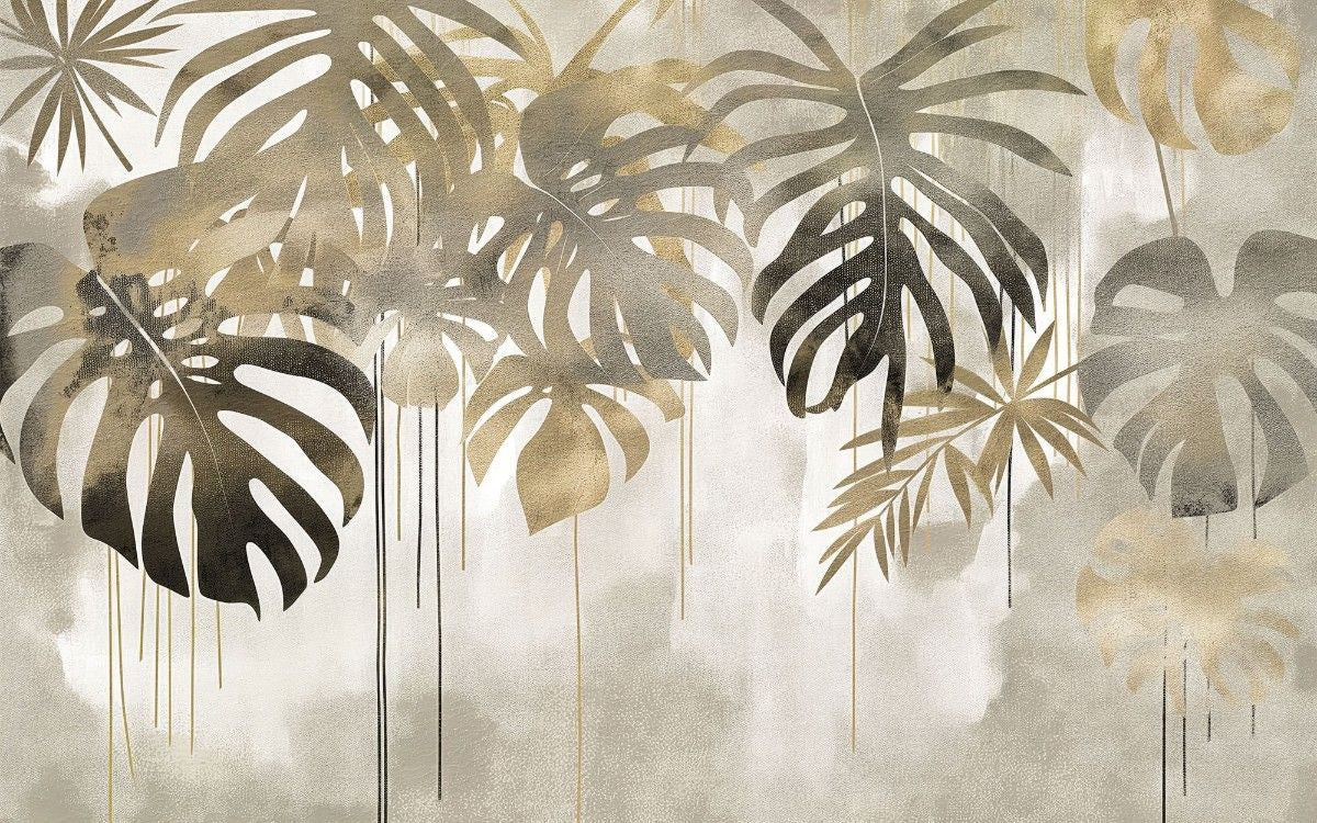 Tapet personalizat leaf cu frunze de monstera si palmier in nuante aurii si gri cu un efect de picurare ideal pentru un interior luxos si exotic gold monstera flows