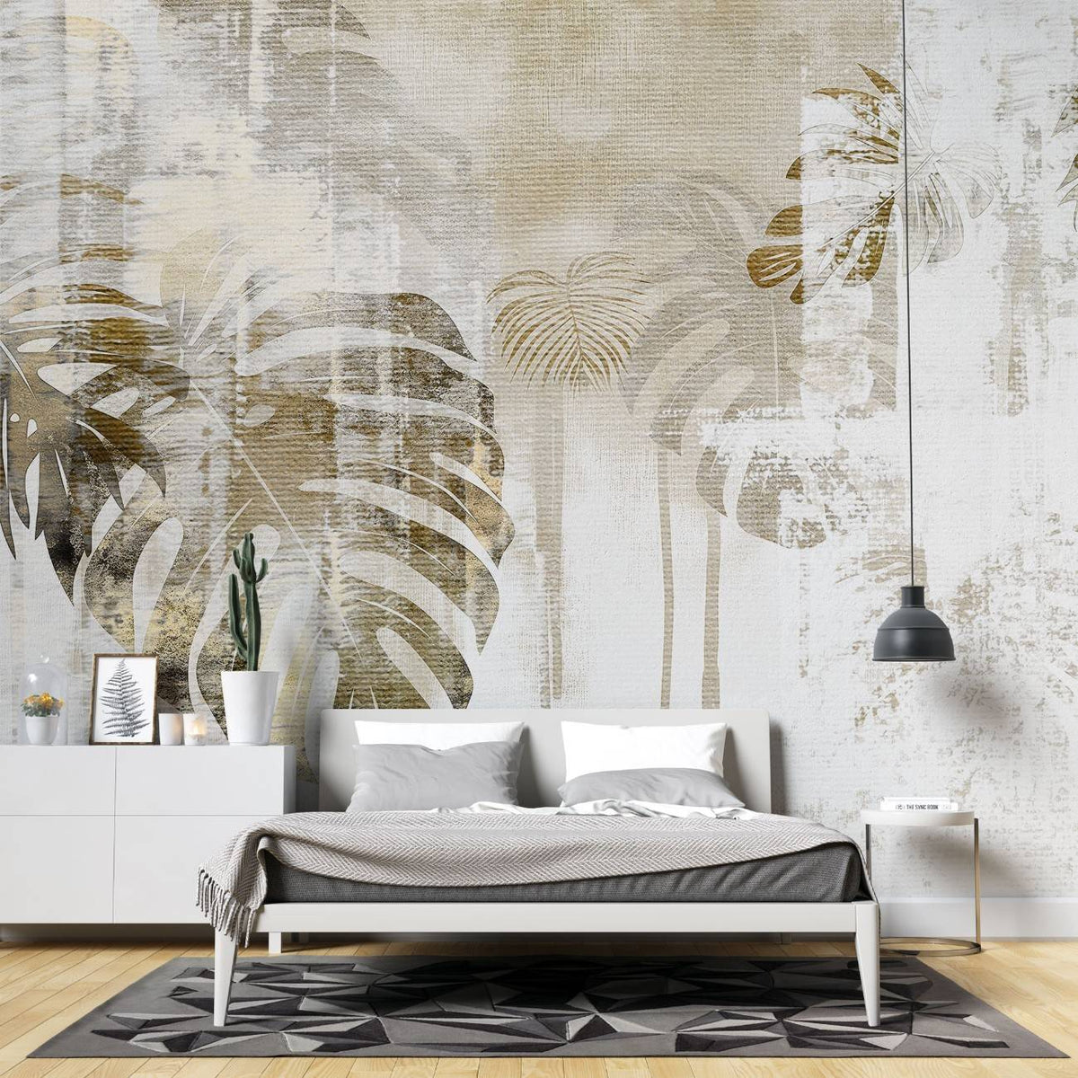 Tapet personalizat leaf cu frunze de monstera in tonuri de bej si auriu pe un fundal cu textura aspra pentru un design indraznet si contemporan textured monstera