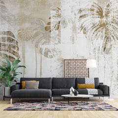 Tapet personalizat leaf cu frunze de monstera in tonuri de bej si auriu pe un fundal cu textura aspra pentru un design indraznet si contemporan textured monstera
