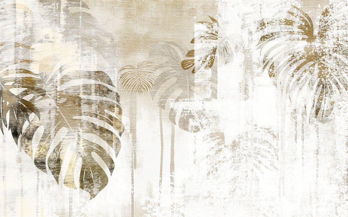 Tapet personalizat leaf cu frunze de monstera in tonuri de bej si auriu pe un fundal cu textura aspra pentru un design indraznet si contemporan textured monstera