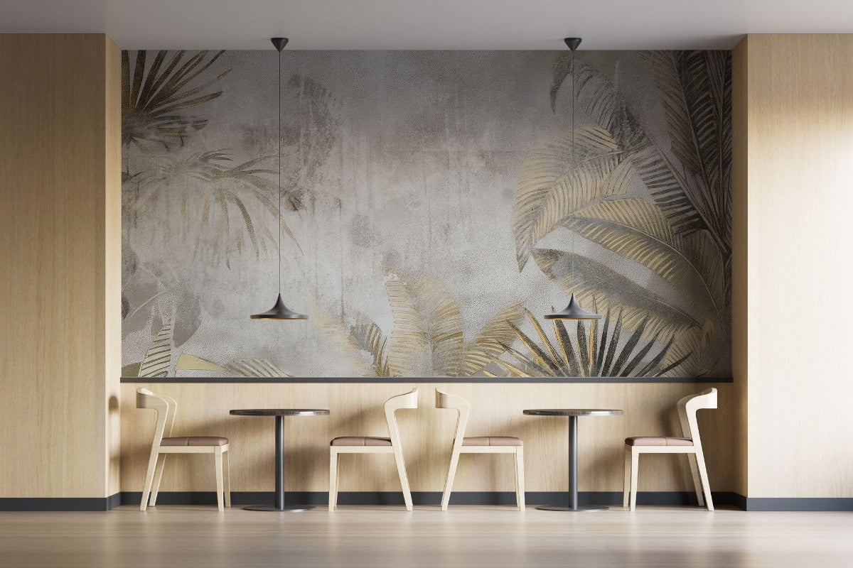 Tapet personalizat leaf cu frunze tropicale in nuante de gri deschis si auriu cu un aspect usor prafuit aducand un plus de eleganta si serenitate dusted tropical leaves