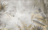 Tapet personalizat leaf cu frunze tropicale in nuante de gri deschis si auriu cu un aspect usor prafuit aducand un plus de eleganta si serenitate dusted tropical leaves