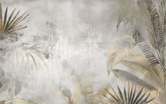Tapet personalizat leaf cu frunze tropicale in nuante de gri deschis si auriu cu un aspect usor prafuit aducand un plus de eleganta si serenitate dusted tropical leaves