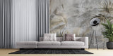 Tapet personalizat leaf cu frunze de palmier si alte plante exotice in tonuri de bej si gri pe un fundal cu aspect de stucada pentru un stil rustic modern gold concrete leaves