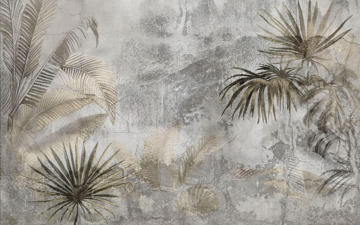 Tapet personalizat leaf cu frunze de palmier si alte plante exotice in tonuri de bej si gri pe un fundal cu aspect de stucada pentru un stil rustic modern gold concrete leaves