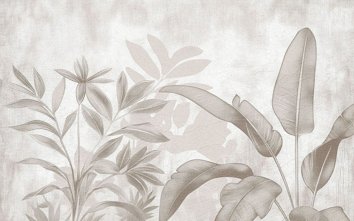 Tapet personalizat leaf cu frunze stilizate in tonuri de bej si gri cu un aspect de hartie texturata ideal pentru un decor natural si calm paper leaves