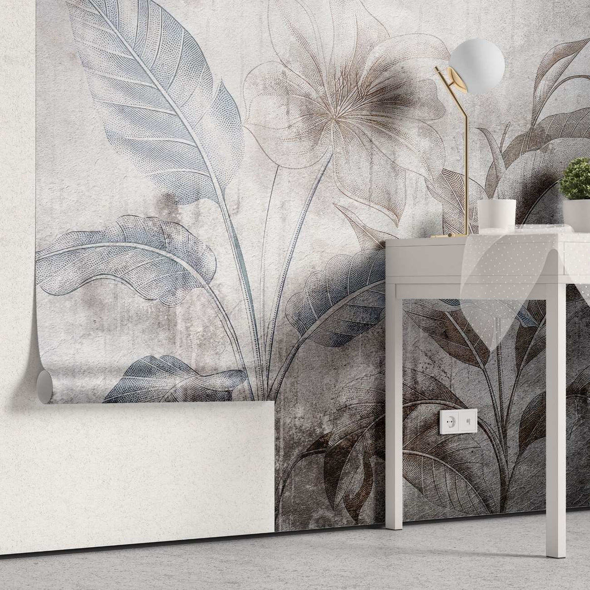 Tapet personalizat leaf cu frunze si flori mari in nuante pamantii cu accente albastre pe un fundal abstract cu aspect invechit ideal pentru un spatiu modern colored paper leaves