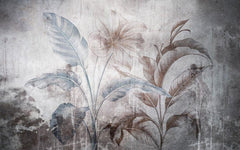 Tapet personalizat leaf cu frunze si flori mari in nuante pamantii cu accente albastre pe un fundal abstract cu aspect invechit ideal pentru un spatiu modern colored paper leaves