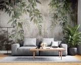 Tapet personalizat leaf cu frunze si ciorchini de flori in nuante de verde violet si roz pe un fundal cu aspect de perete vechi tencuit ideal pentru a crea o atmosfera de gradina interioara cu un aer rustic si boem stucco printed leaves