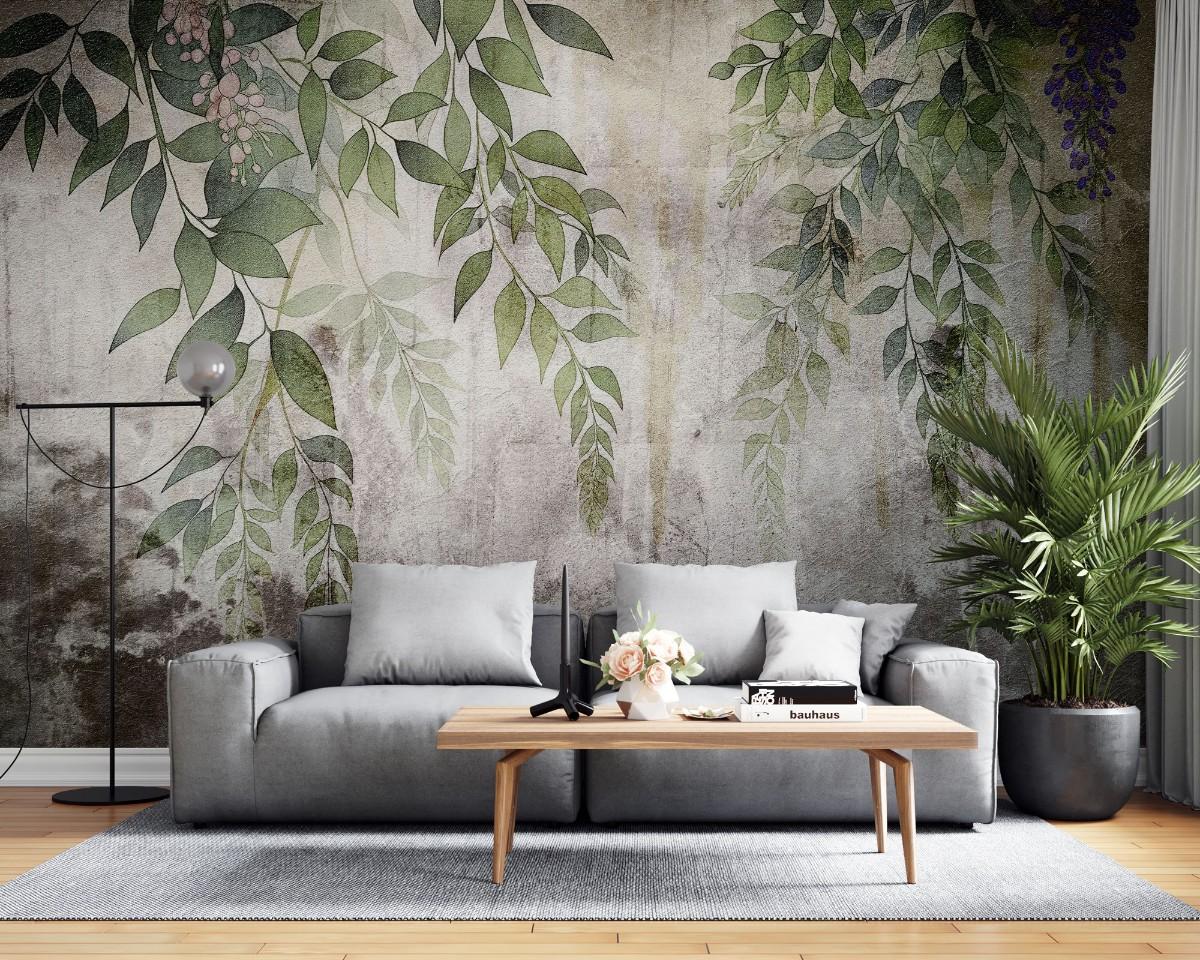 Tapet personalizat leaf cu frunze si ciorchini de flori in nuante de verde violet si roz pe un fundal cu aspect de perete vechi tencuit ideal pentru a crea o atmosfera de gradina interioara cu un aer rustic si boem stucco printed leaves