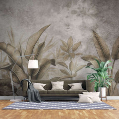Tapet personalizat leaf cu frunze tropicale stilizate in tonuri de auriu patinat si gri pe un fundal cu aspect de fresca designul aduce o atmosfera exotica si sofisticata ideal pentru interioare elegante fresco brassy leaves