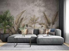 Tapet personalizat leaf cu frunze tropicale stilizate in tonuri de auriu patinat si gri pe un fundal cu aspect de fresca designul aduce o atmosfera exotica si sofisticata ideal pentru interioare elegante fresco brassy leaves