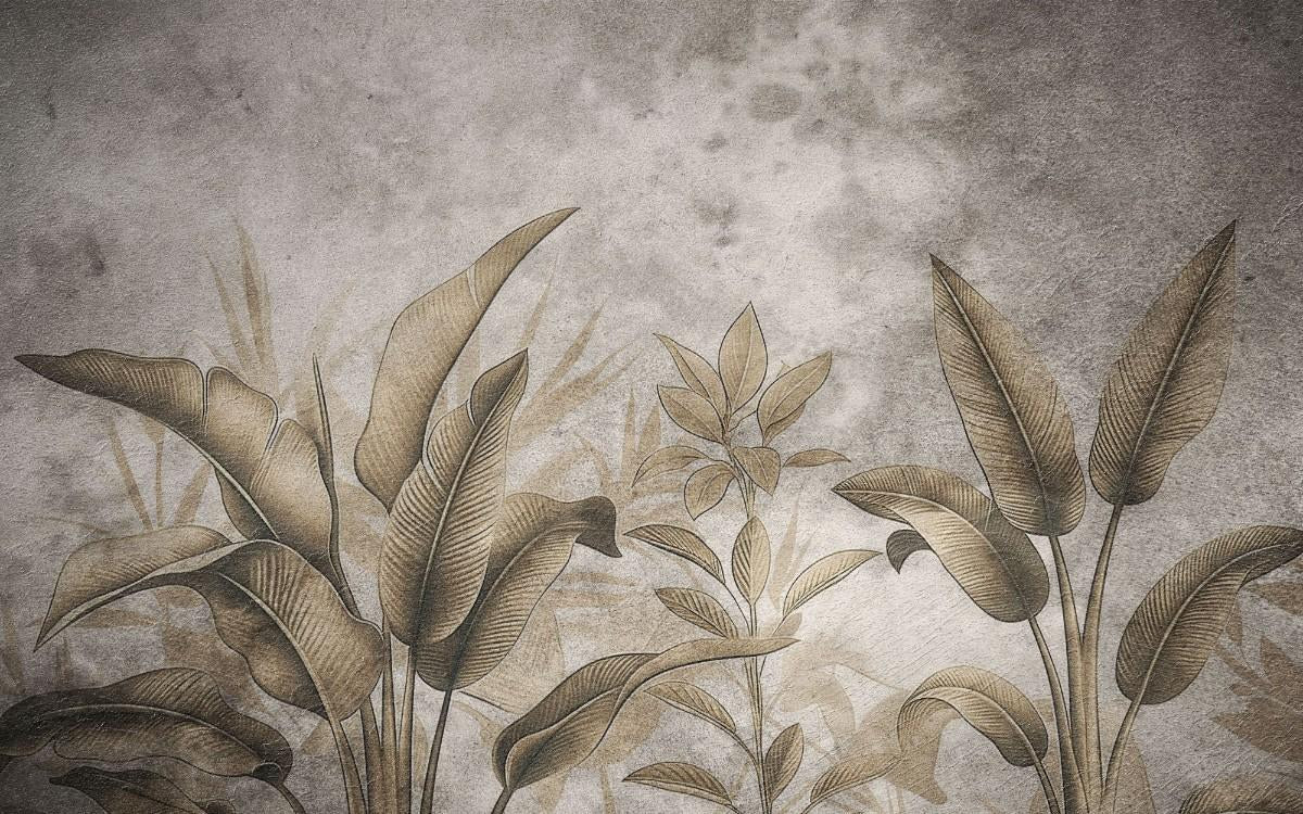 Tapet personalizat leaf cu frunze tropicale stilizate in tonuri de auriu patinat si gri pe un fundal cu aspect de fresca designul aduce o atmosfera exotica si sofisticata ideal pentru interioare elegante fresco brassy leaves