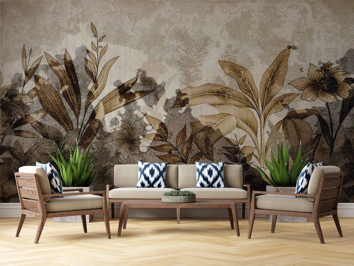 Tapet personalizat leaf cu frunze tropicale in tonuri de sepia si maro avand un aspect invechit perfect pentru un decor cu un aer vintage si sofisticat burnt leaves