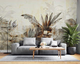 Tapet personalizat leaf cu frunze tropicale stilizate in tonuri de auriu patinat si gri pe un fundal cu aspect de fresca designul aduce o atmosfera exotica si sofisticata ideal pentru interioare elegante warm textured nature