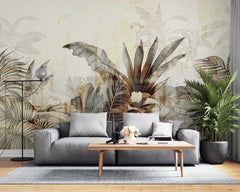 Tapet personalizat leaf cu frunze tropicale stilizate in tonuri de auriu patinat si gri pe un fundal cu aspect de fresca designul aduce o atmosfera exotica si sofisticata ideal pentru interioare elegante warm textured nature