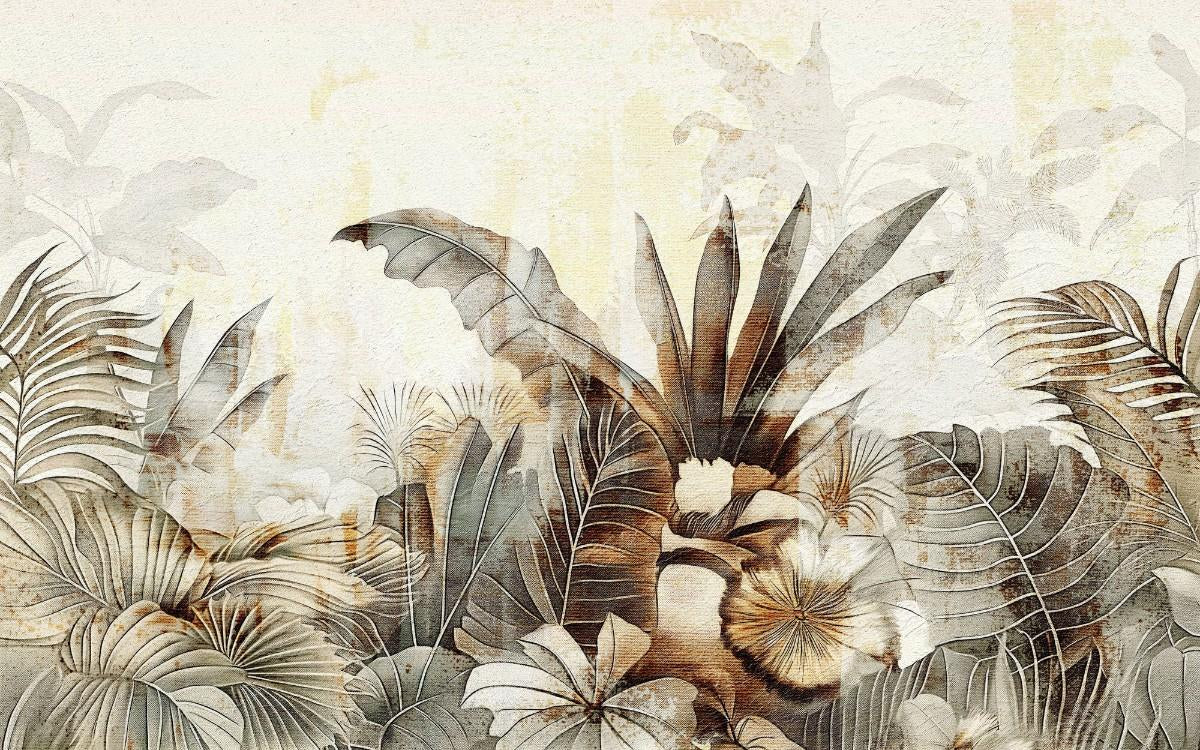 Tapet personalizat leaf cu frunze tropicale stilizate in tonuri de auriu patinat si gri pe un fundal cu aspect de fresca designul aduce o atmosfera exotica si sofisticata ideal pentru interioare elegante warm textured nature