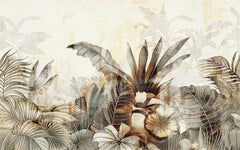 Tapet personalizat leaf cu frunze tropicale stilizate in tonuri de auriu patinat si gri pe un fundal cu aspect de fresca designul aduce o atmosfera exotica si sofisticata ideal pentru interioare elegante warm textured nature