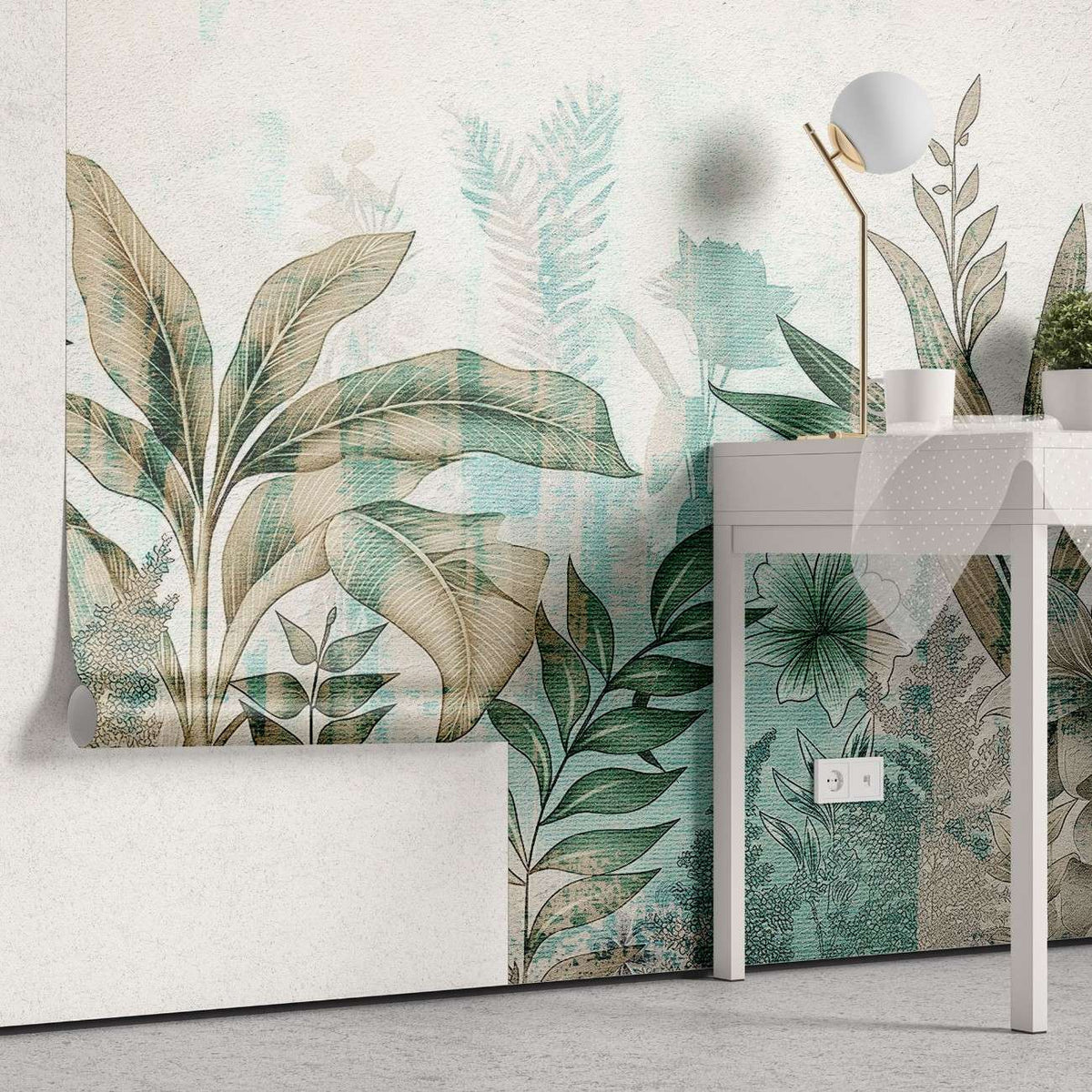 Tapet personalizat leaf cu flori si frunze in nuante de turcoaz si pamantii cu un fundal texturat aducand o nota de prospetime si eleganta turquoise textured nature