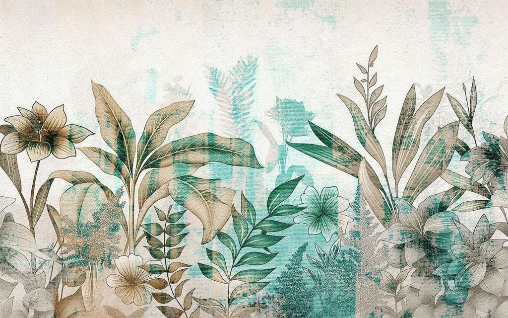 Tapet personalizat leaf cu flori si frunze in nuante de turcoaz si pamantii cu un fundal texturat aducand o nota de prospetime si eleganta turquoise textured nature
