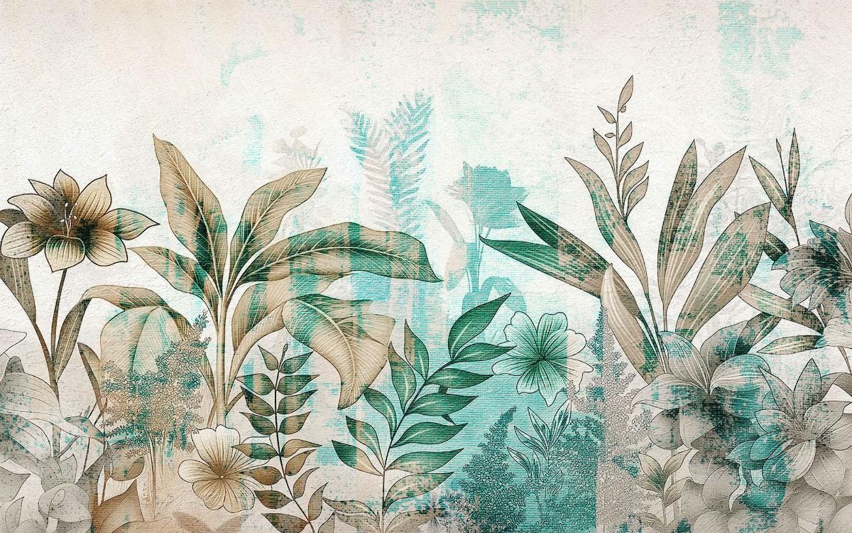 Tapet personalizat leaf cu flori si frunze in nuante de turcoaz si pamantii cu un fundal texturat aducand o nota de prospetime si eleganta turquoise textured nature
