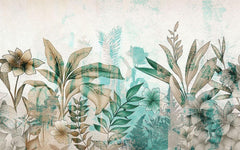 Tapet personalizat leaf cu flori si frunze in nuante de turcoaz si pamantii cu un fundal texturat aducand o nota de prospetime si eleganta turquoise textured nature