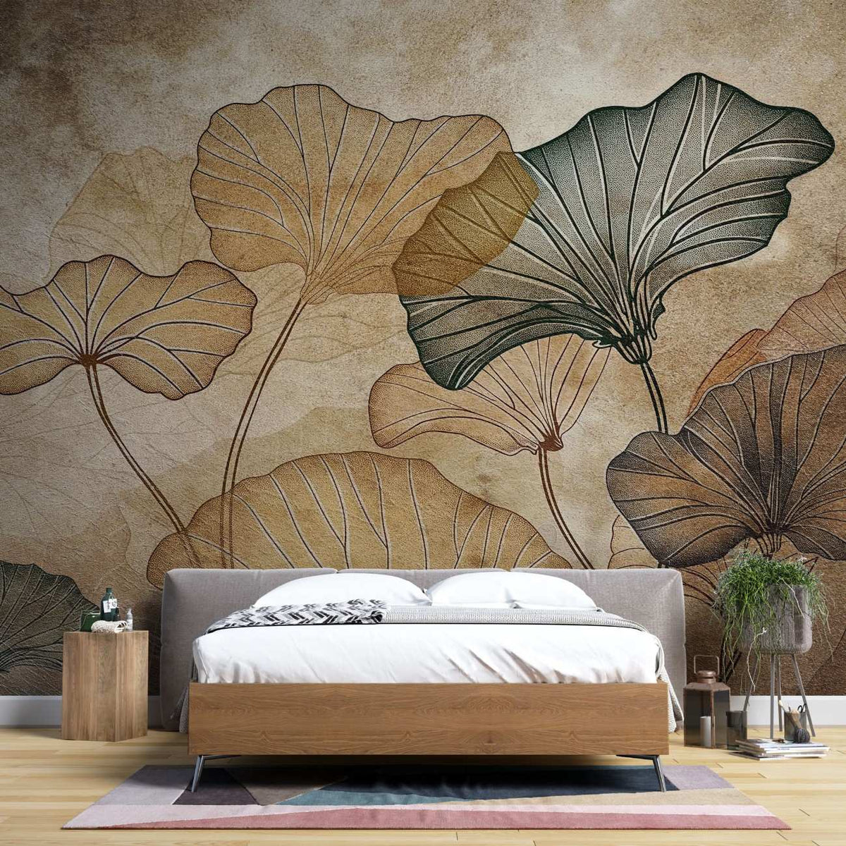 Tapet personalizat leaf cu frunze de lotus stilizate in nuante de maro si gri pe un fundal cu aspect de hartie veche evocand o atmosfera vintage si artistica old paper lotus