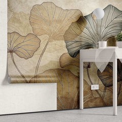 Tapet personalizat leaf cu frunze de lotus stilizate in nuante de maro si gri pe un fundal cu aspect de hartie veche evocand o atmosfera vintage si artistica old paper lotus