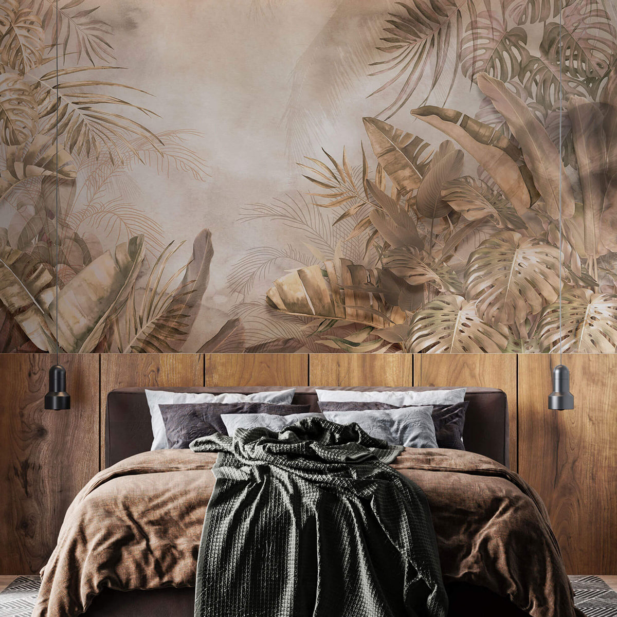 Tapet Personalizat Leaf cu frunze tropicale in nuante calde maronii - DUSTY WARM TROPICAL